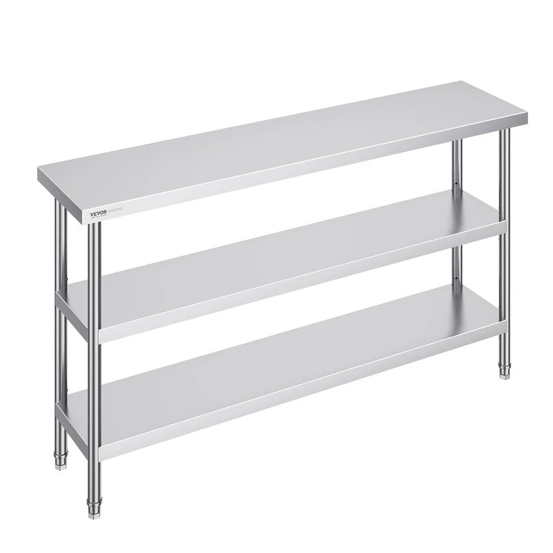 VEVOR Stainless Steel Food Prep Table, 14 x 60 x 34 Inch Commercial Kitchen Worktable, with 2 Adjustable Undershelf, Heavy Duty Prep Table Metal Work Table for BBQ, Kitchen, Home, and Garage