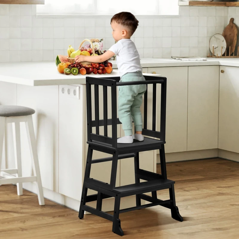 COSYLAND Toddler Kitchen Step Stool Tower - Nursery Step Stool for Kids Toddlers Children, Standing Tower for Kitchen Counter, Mothers' Helper Kids Learning Stool, Made of Natural Solid Bamboo Black