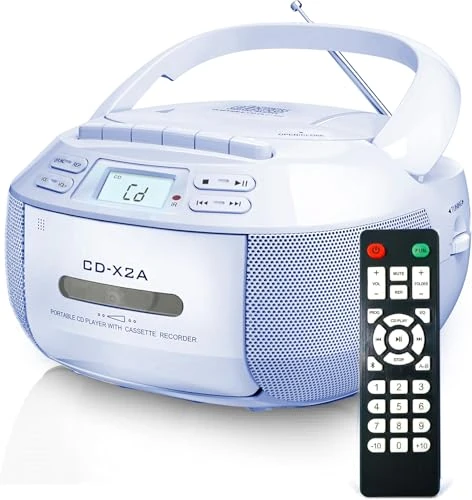 Greadio Portable CD Player, Boombox Cassette Player Combo with Bluetooth, FM Radio, USB/AUX Playback, Stereo Sound with Remote Control,Tape Recording, AC/DC Powered, Personal CD Players (Blue)