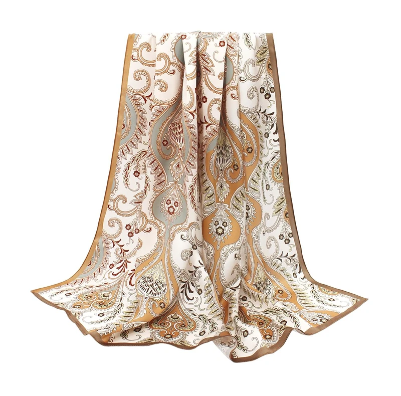 ANDANTINO 100% Pure Mulberry Silk Scarf 35" Large Square Lightweight Headscarf –Women’s Hair Wraps-With Gift Packed, Floral-light Brown, Large