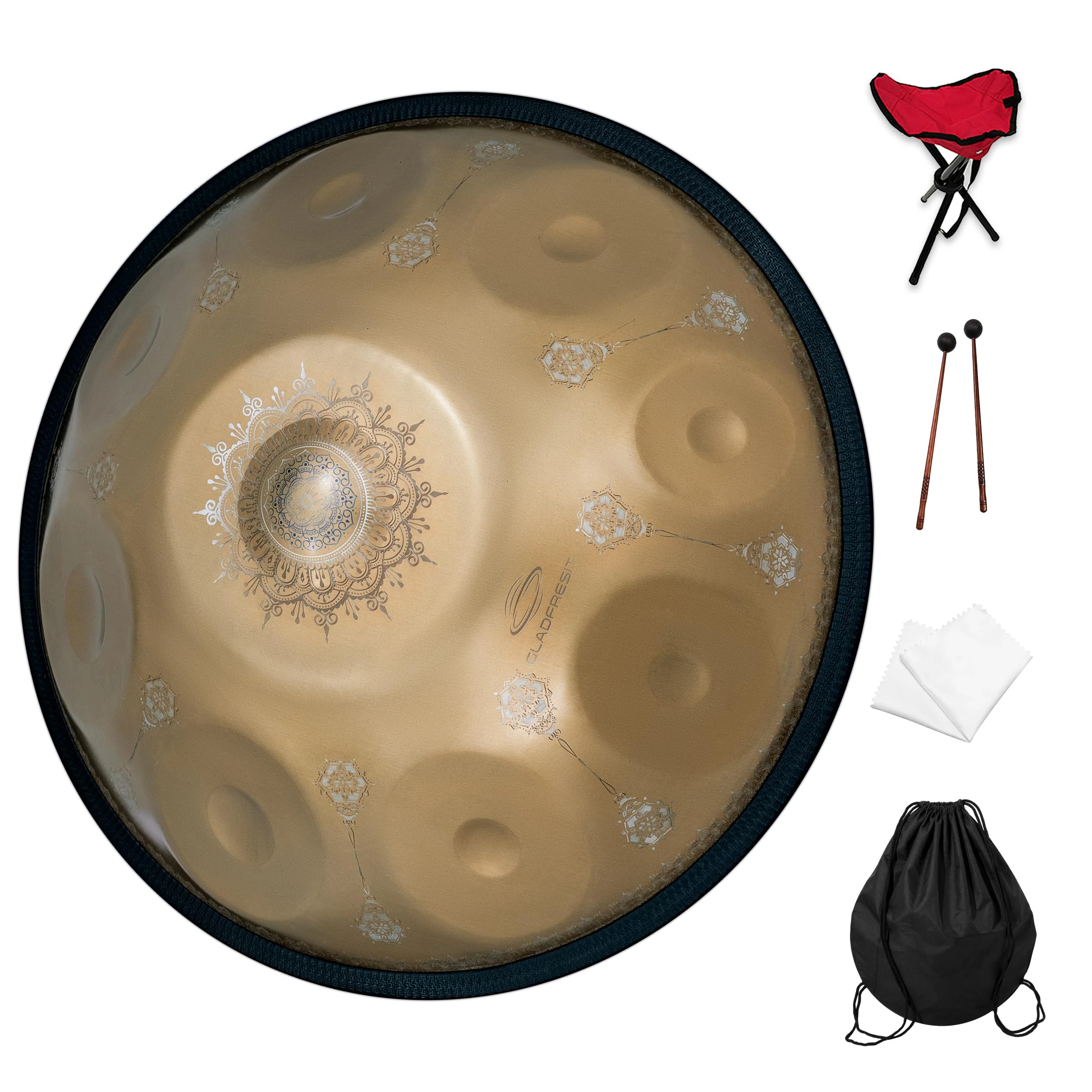 GLADFRESIT Gold Performer 18 Inch 9 Note 440Hz Handpan in G Minor with Stand, Bag, Mallets and Cloth (Golden Mandrake)