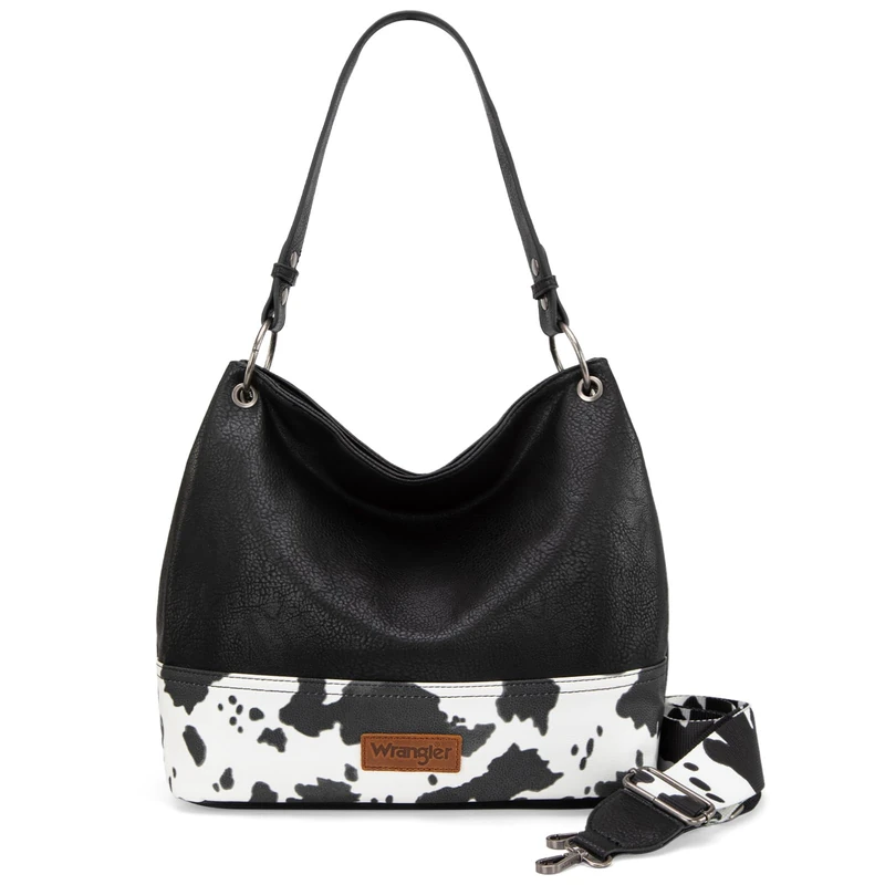 Wrangler Hobo Bags for Women Vegan Leather Shoulder Purses and Handbags with Crossbody Strap WG20-9181BK, Cow Print Black, M - Image 1