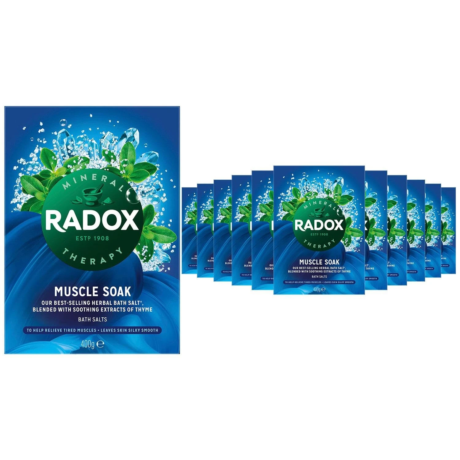 Radox Muscle Soak Bath Therapy Thyme Scented Herbal Bath Salt with expertly Blended Herbs and Minerals to Soothe and soak Your Tired and Aching Muscles, 400g Multi Pack (24)