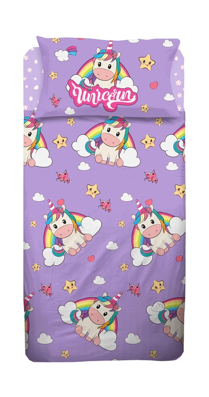 hermet Unicorn, Girls' Single Bed Sheet, Girls' Bedding Set, Lilac, Top Sheet, Fitted Sheet, Pillowcase, 100% Cotton, Bed Sheets for Bedroom - Image 1