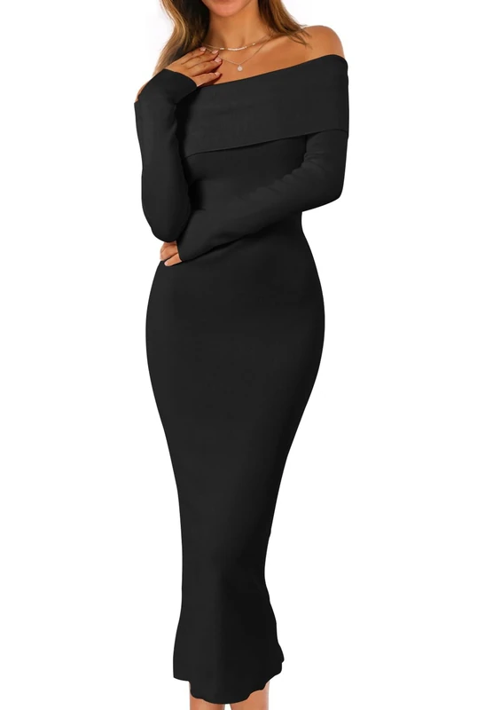 MEROKEETY Women's Fall Off Shoulder Bodycon Sweater Dress Formal Long Sleeve Elegant Club Party Midi Maxi Dresses, Black, L
