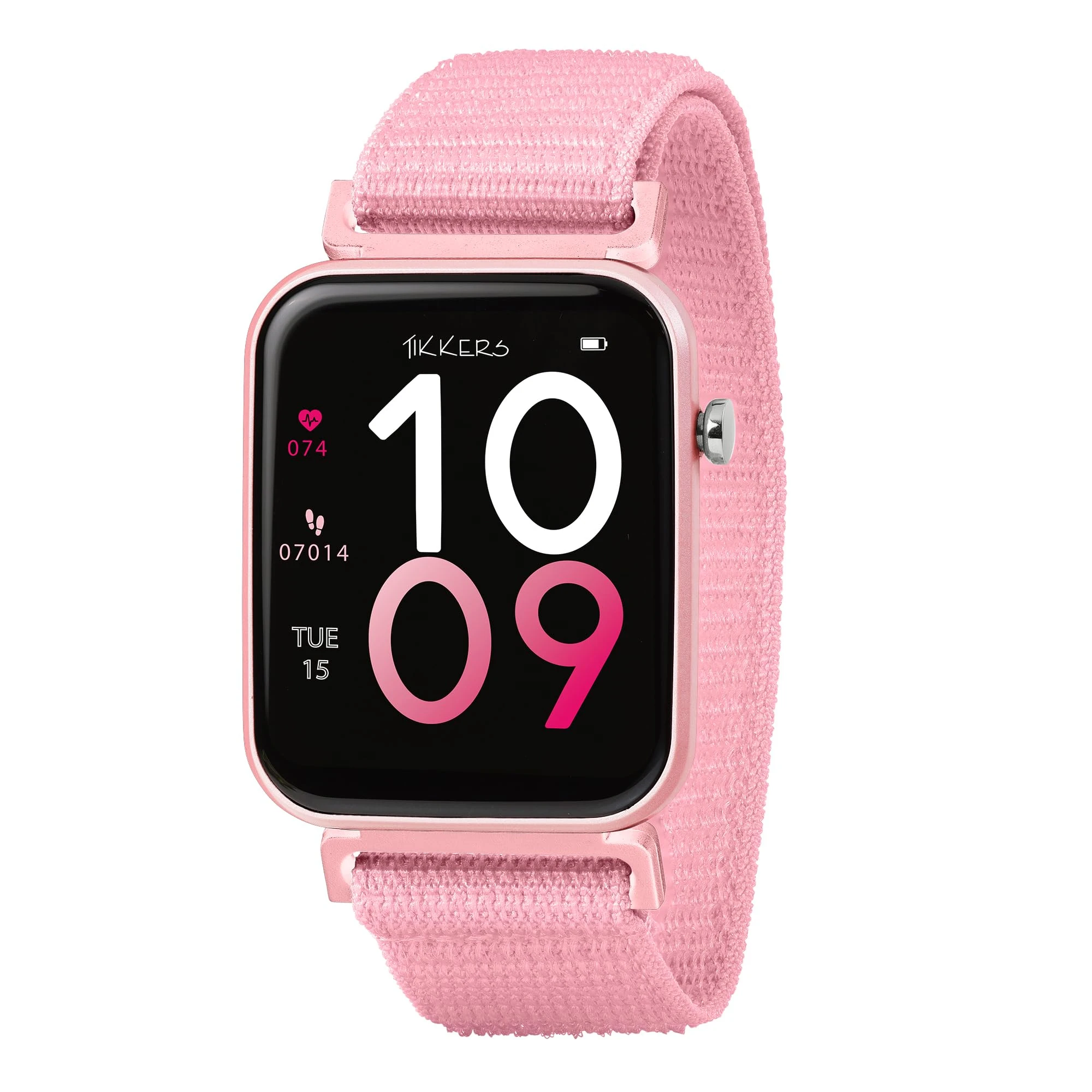 Tikkers Kids Series 13 Smart Watch with Fitness Tracker, Alarm Clock, Camera, GPS Connection, Heart Rate Monitor, Step Counter, Touch Screen, IP68, Pink Riptape Strap