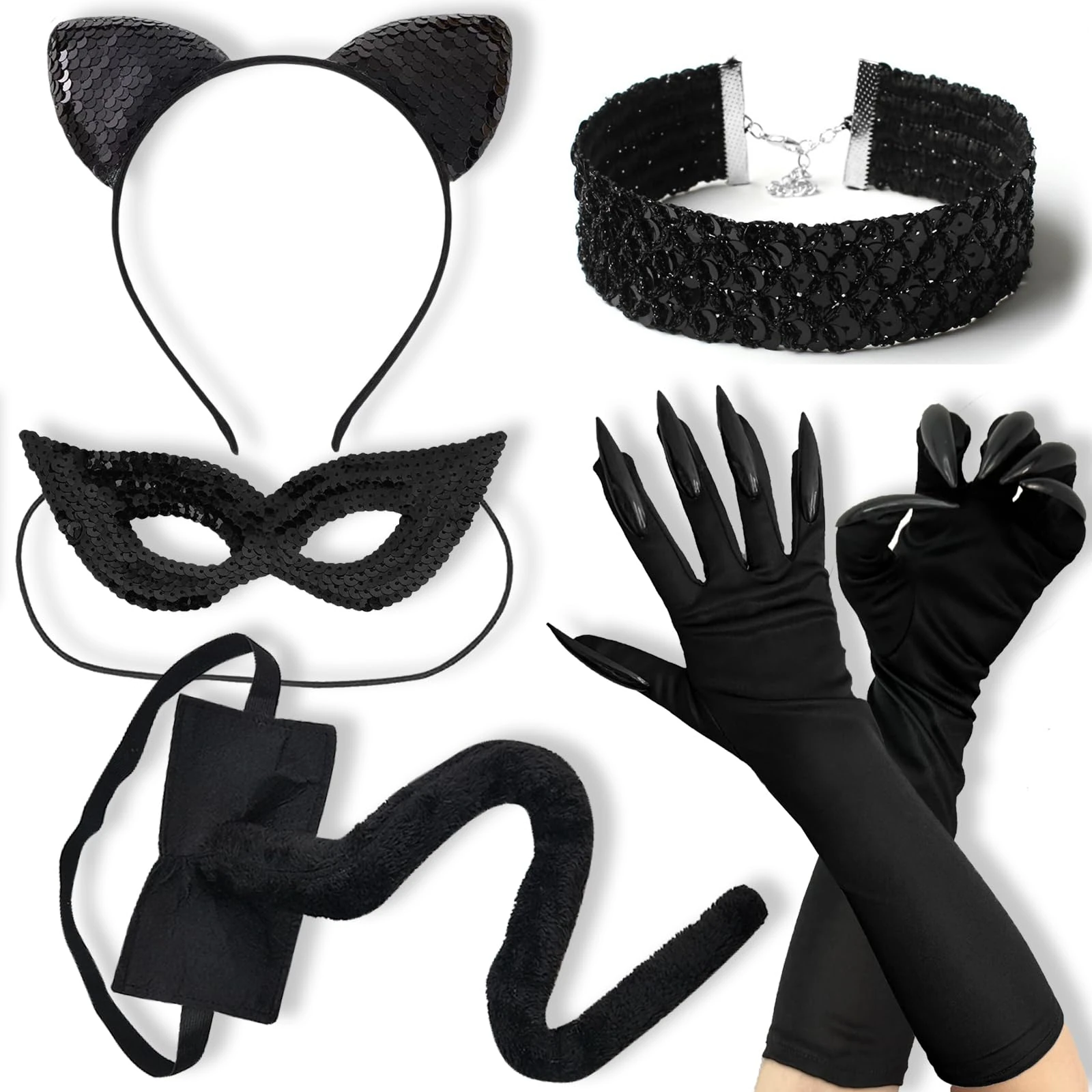 Tbczvx Cat Woman Costume, Black Cat Costume for Women, Cat Woman Accessories with Sequins Black Masquerade Mask Choker Necklace Gloves Cat Tail, Cosplay Accessories for Women Halloween Cosplay
