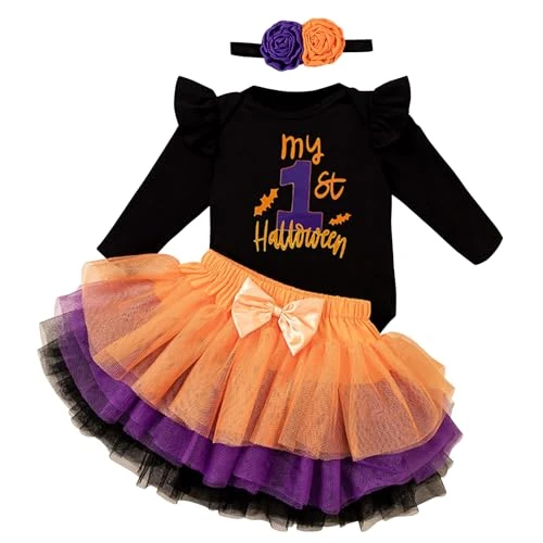 Kunyeah 3Pcs Baby Girl First Halloween Outfit Infant Romper Dress Bow Tutu Skirt with Headband Newborn Thanksgiving Bodysuit