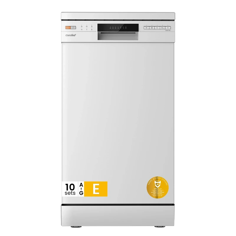 COMFEE' Freestanding Dishwasher CDWEF1034BW-UK 45cm Width, Slimline Dishwasher with 10 place settings, Quick Wash, Hygiene Wash, Delay Start, Half Load, Adjustable Basket - White