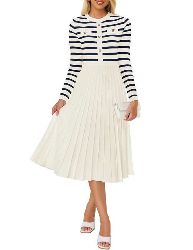 ZESICA Womens Long Sleeve Striped Midi Dresses Crewneck Button Ribbed Knit Pleated A Line Swing Sweater Dress, Apricot, M