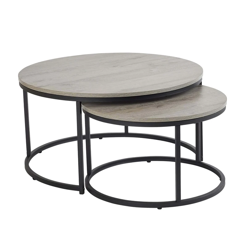 Home Source Round Stackable Nest of 2 Coffee Side Tables, Black Metal Frame, Grey Finish