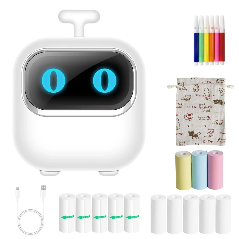 Lvcdodvd Mini Thermal Photo Printer - Portable Wireless Bluetooth for Home Use, Sticker Printing, Robot Shape, Cute Design - 13 Rolls Included for Photos, Notes, DIY Painting - iOS Android Compatible