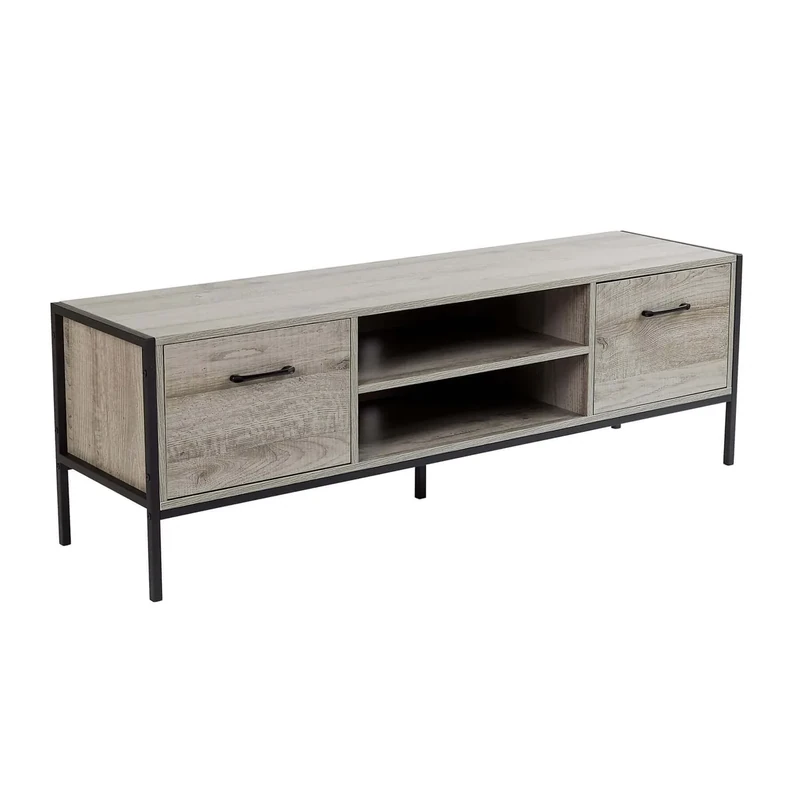 Home Source TV Unit Media Stand Cabinet, 2 Cupboards and Shelf Storage, Grey Finish