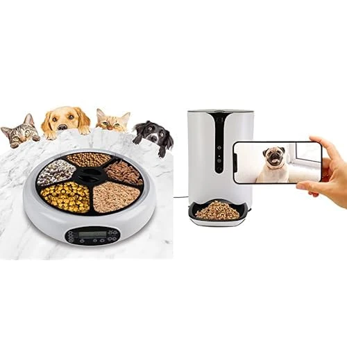 Lentek 5 Meal Automatic Pet Feeders Wet or Dry Pet Food Dispenser with Timer Speaker and Recorder + Smart Automatic Pet Feeder Cat or Dog Wet Food Dispenser Schedule Mealtimes Barking Alerts Free App
