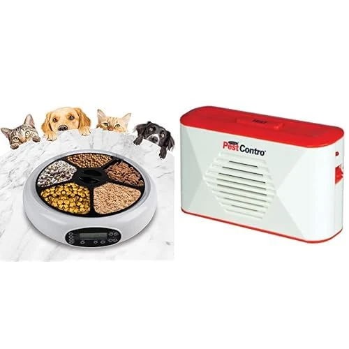 Lentek 5 Meal Automatic Pet Feeders Wet or Dry Pet Food Dispenser with Timer Speaker and Recorder + Portable Ultrasonic Rodent Repeller Battery Operated Non-Lethal Pest Control Mice Rats