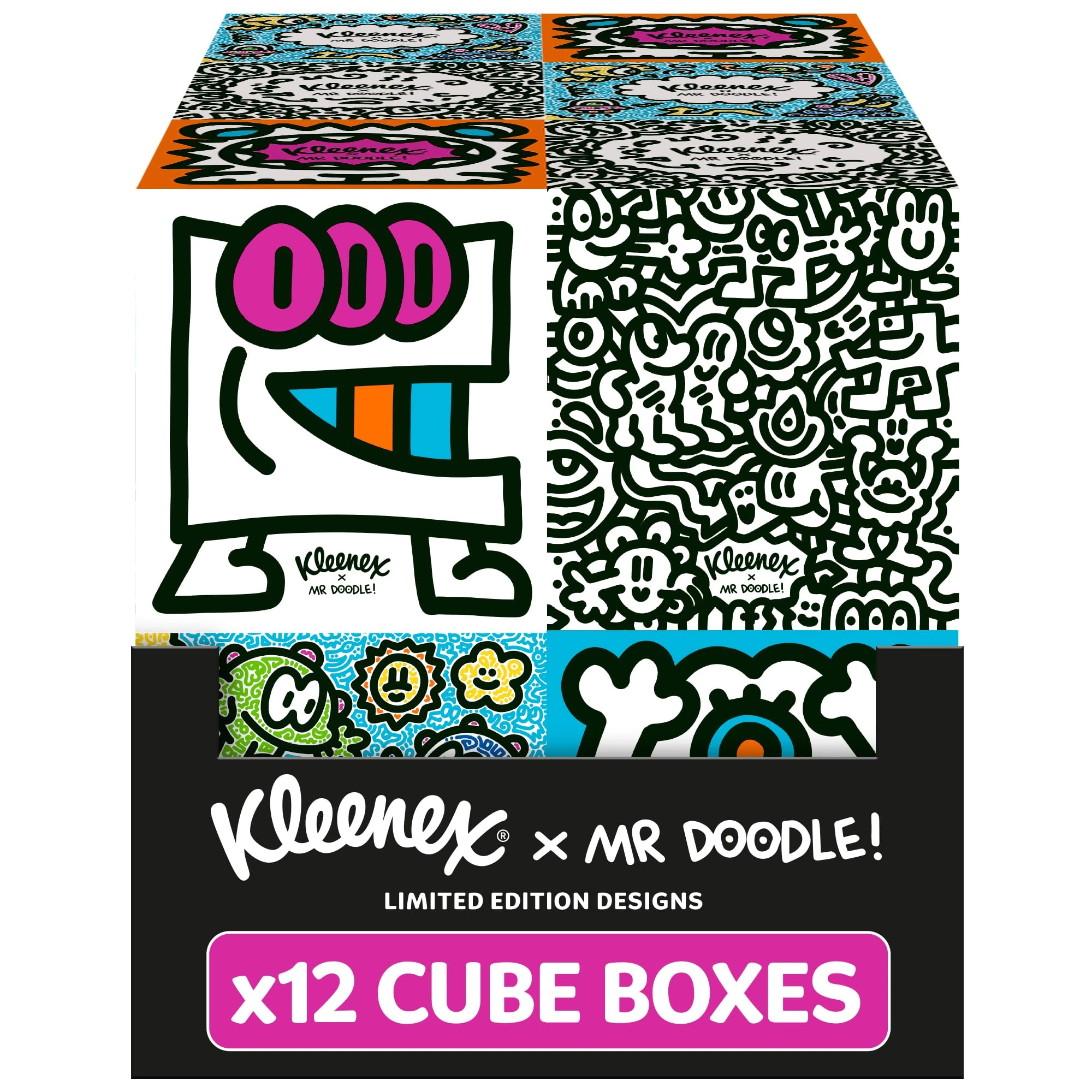 Kleenex x Mr Doodle Limited Edition Design Multipack Facial Tissues - 12 Cube Tissue Boxes, Designed in Collaboration with Mr Doodle, Made to Look Beautiful in The Home.