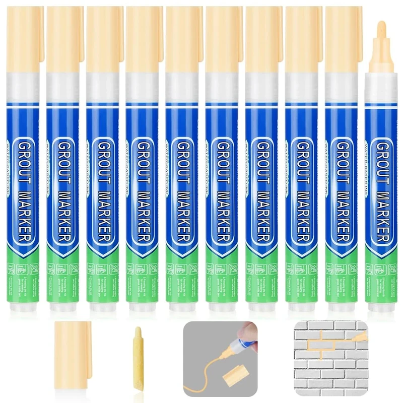 Flintronic 10PCS Grout Pen, Cream Tile Paint Marker, Tiles Grout Pen Wall Repair Pens, Tile Grout Reviver and Sealer Pens for Bathrooms Kitchen Floor Tile, Wall Lines