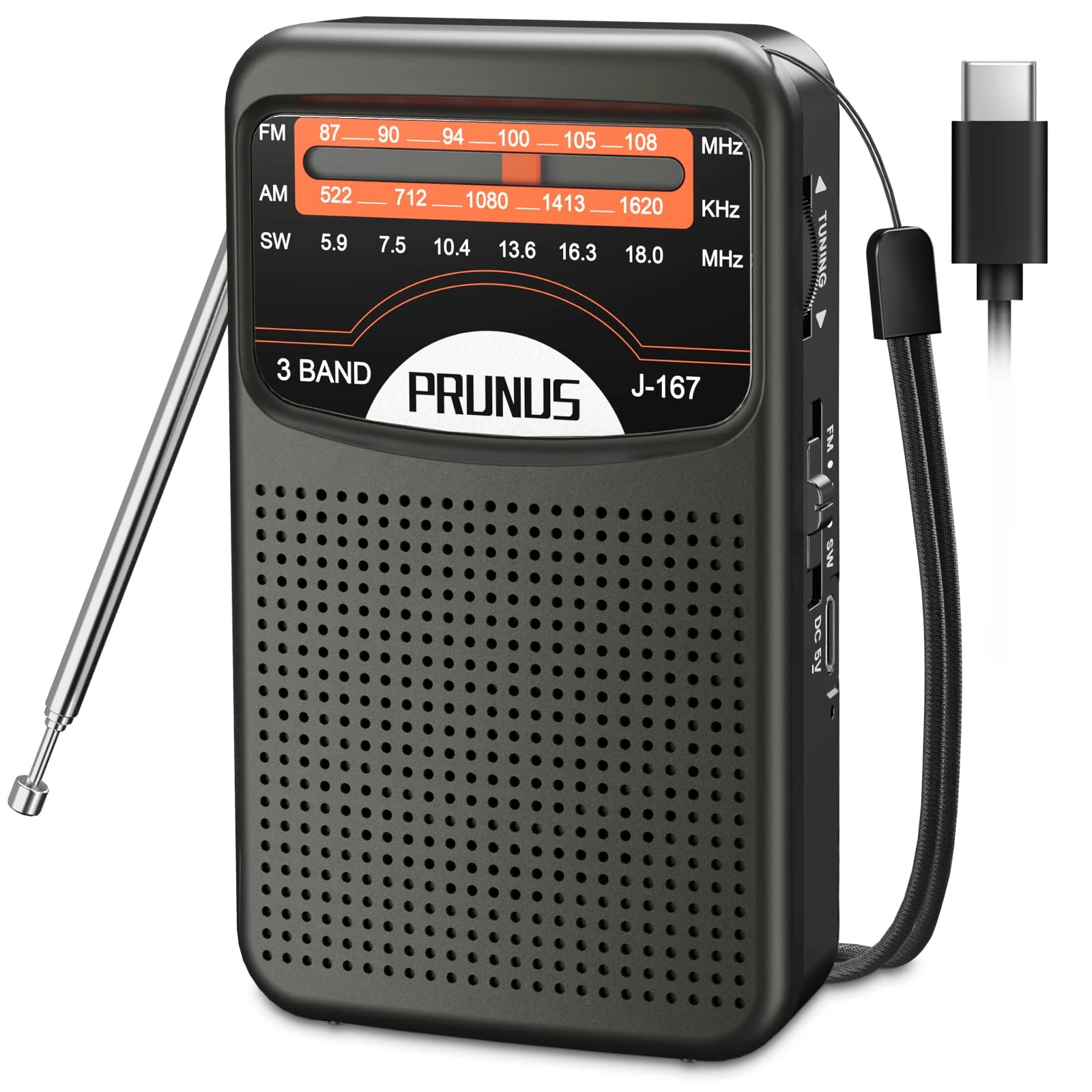 PRUNUS J-167 AM/SW/FM Small Radio Portable with Rechargeable Battery, Excellent Reception, Mini radio with USB-C Charging, Support for Headphone Jack, Perfect for Elderly Use
