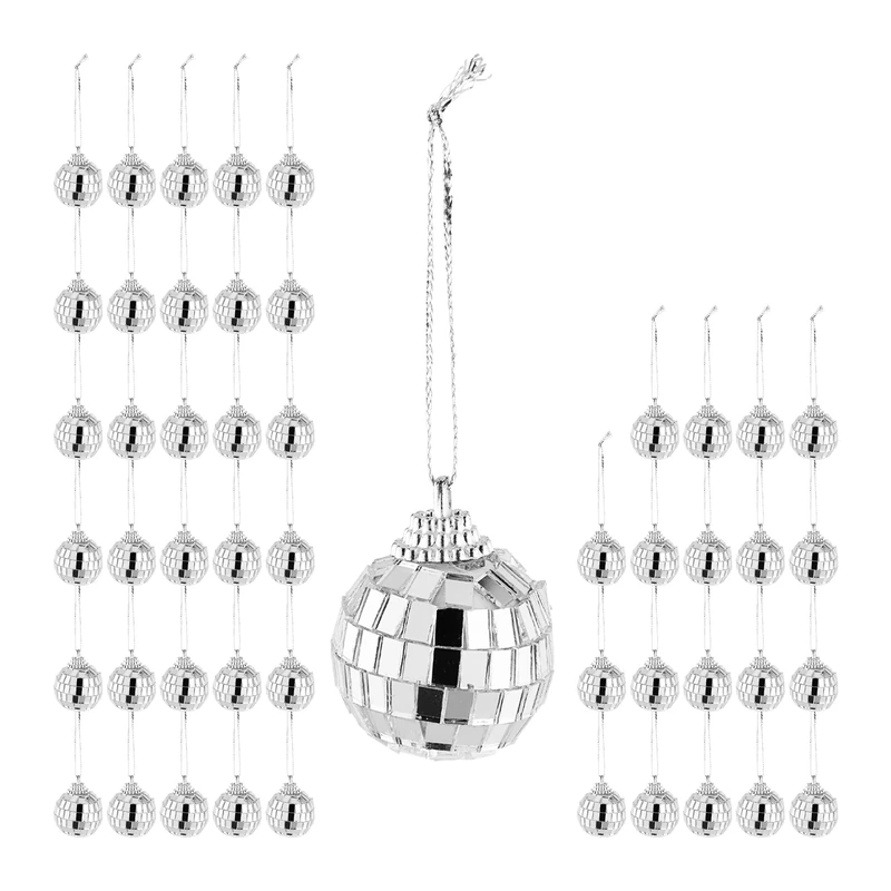 Relaxdays 50x Mini Disco Balls, HWD: 8.5 x 3 x 3 cm, Party Decoration for Hanging, Reflecting Light, Christmas, Silver, Foam