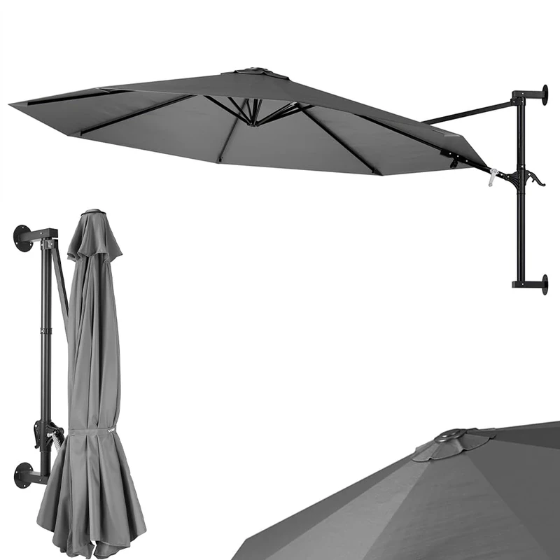 BAKAJI Garden Wall Parasol, Diameter 300 cm, Wall Parasol with Metal Frame, Outdoor Air Vent Gazebo with 8 Ribs and Waterproof Polyester Cover, grey, Grande, Modern