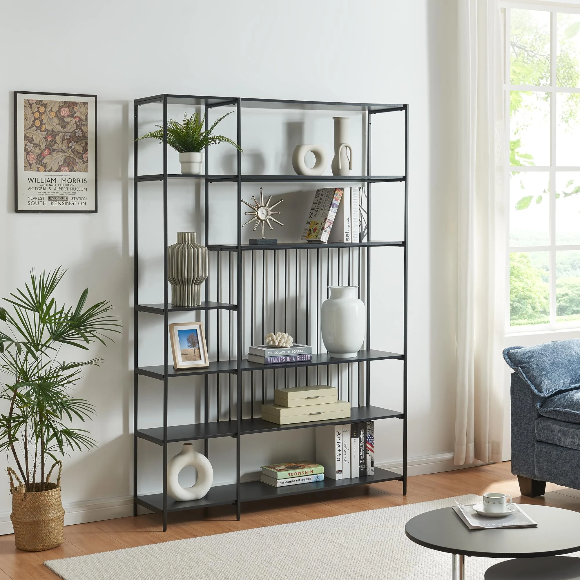 [en.casa] Bookshelf Rælingen open bookcase with open compartments 180 x 120 x 33 cm living room storage space metal frame standing shelf black