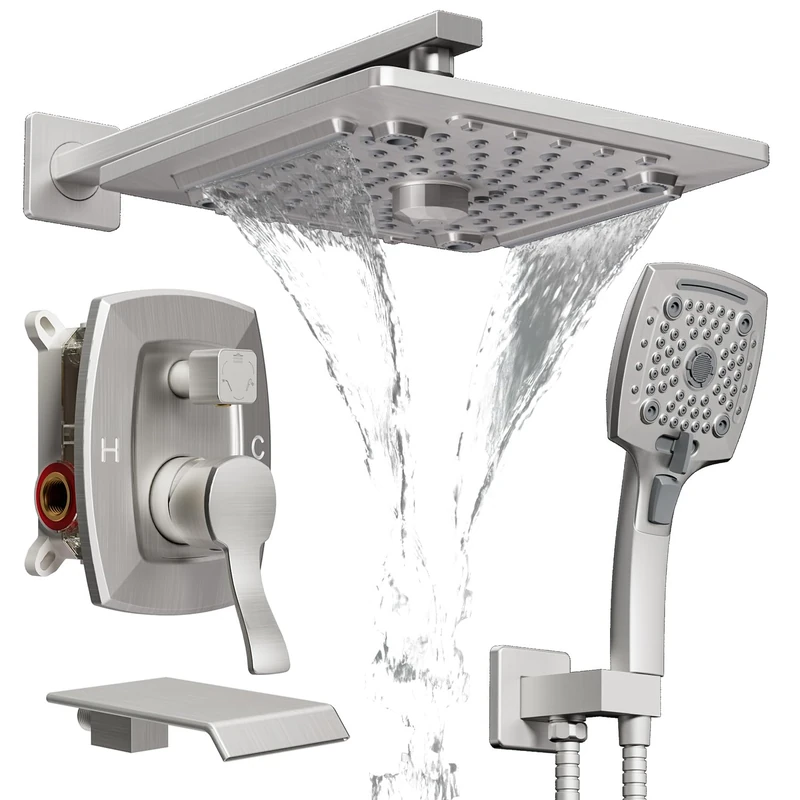 ELLO&ALLO Shower Tub Shower Faucet Set Brushed Nickel Mixing Valve and Trim Kit, Rainfall Waterfall Shower Head with Handheld Combo