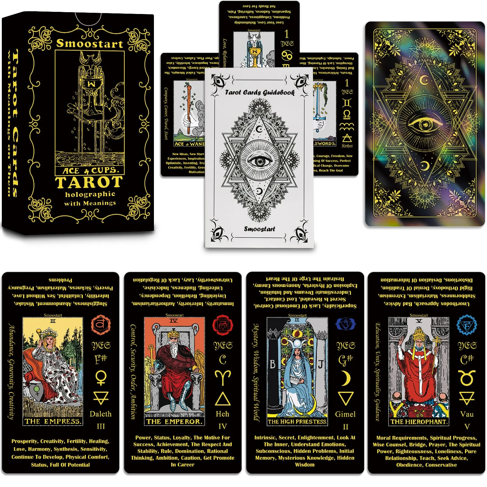 Smoostart Tarot Cards Deck for Beginners – Stunning Holographic 78 Surface Laser Tarot Cards with Keywords, Guidebook & Divination Tools
