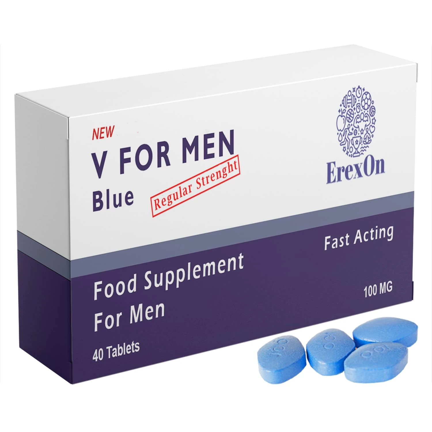 ErexOn - V for Men Blue 40 Pills x 100mg Herbal Supplement for Men - Strong Effect - Mens Health Support Tablets - Performance & Enhancement - Maca, Glycine, Korean Ginseng and Zinc