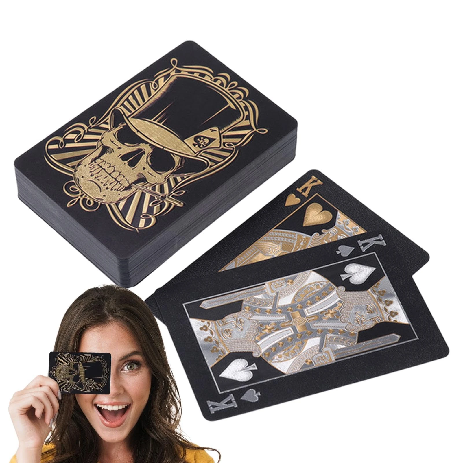 Black Playing Cards Deck | Skull-Embossed PVC Poker Cards - Smooth Playing Deck, Foil-Finished Flexible Cards with Storage Box for Family Game, Texas Holdem