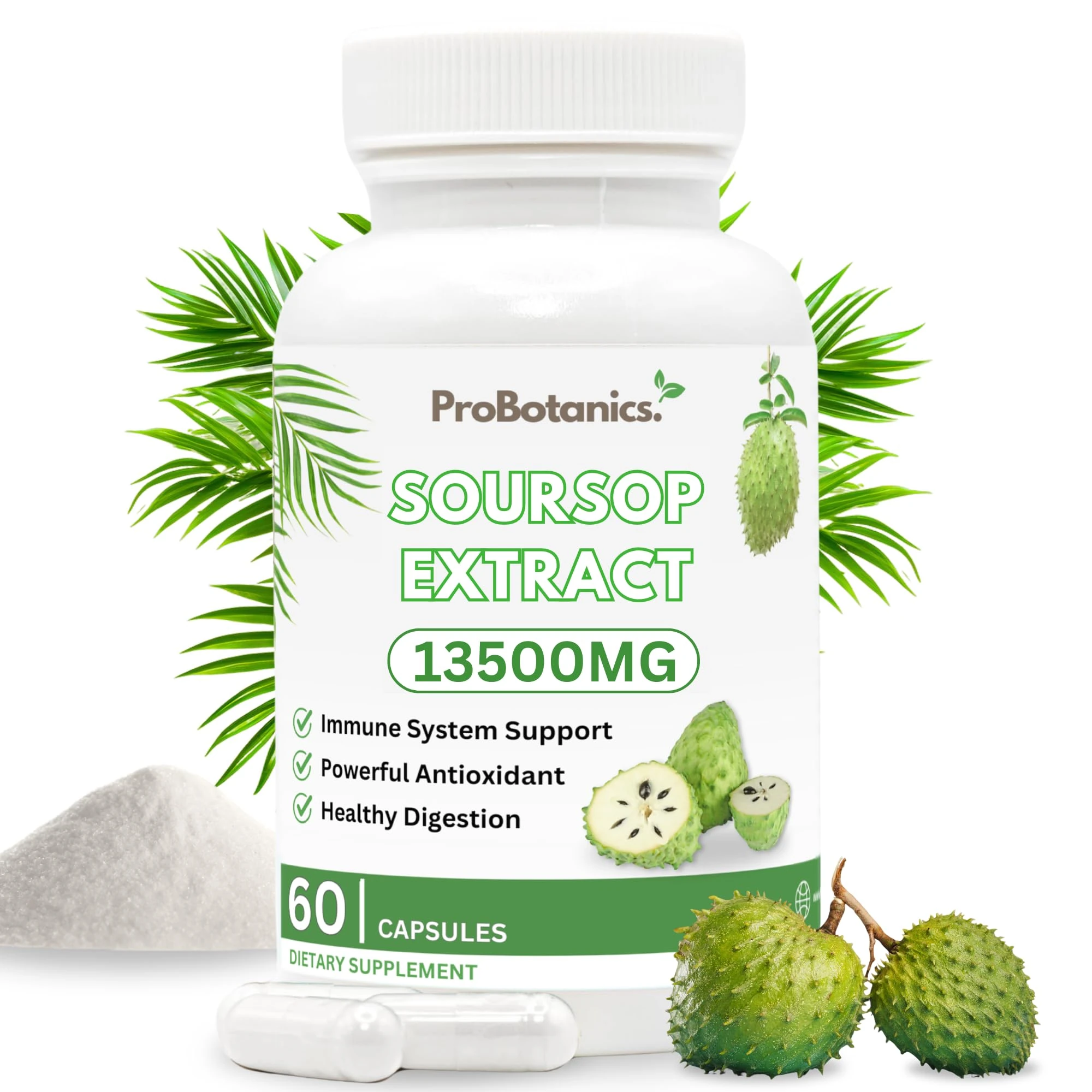 Organic Soursop Capsules | Full Spectrum 13500mg 30:1 Extract Per Serving | Potent Antioxidant & Immune Support - 60 Capsules
