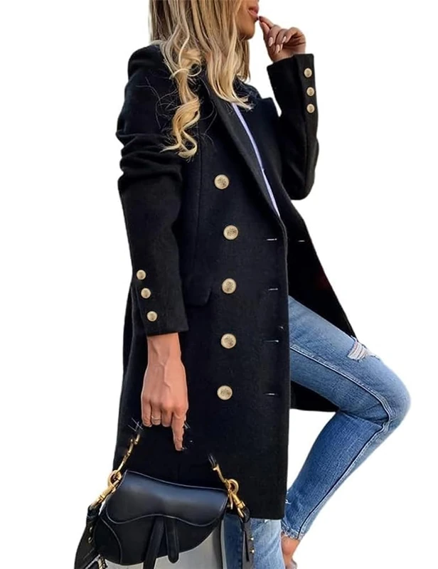 IDEALSANXUN Womens Fall Winter Wool Coats Double Breasted Midi Peacoat Trench Coats, Black 01, 3XL