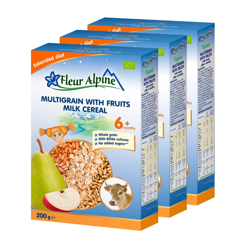 FLEUR ALPINE Organic Multigrain Milk Baby Cereal - Baby Porridge Pack of 3 for Deliciously Smooth Breakfast Meals | Nutritious and Easy To Make Cereal 6+ Months with No Added Sugars | 3x5 Servings
