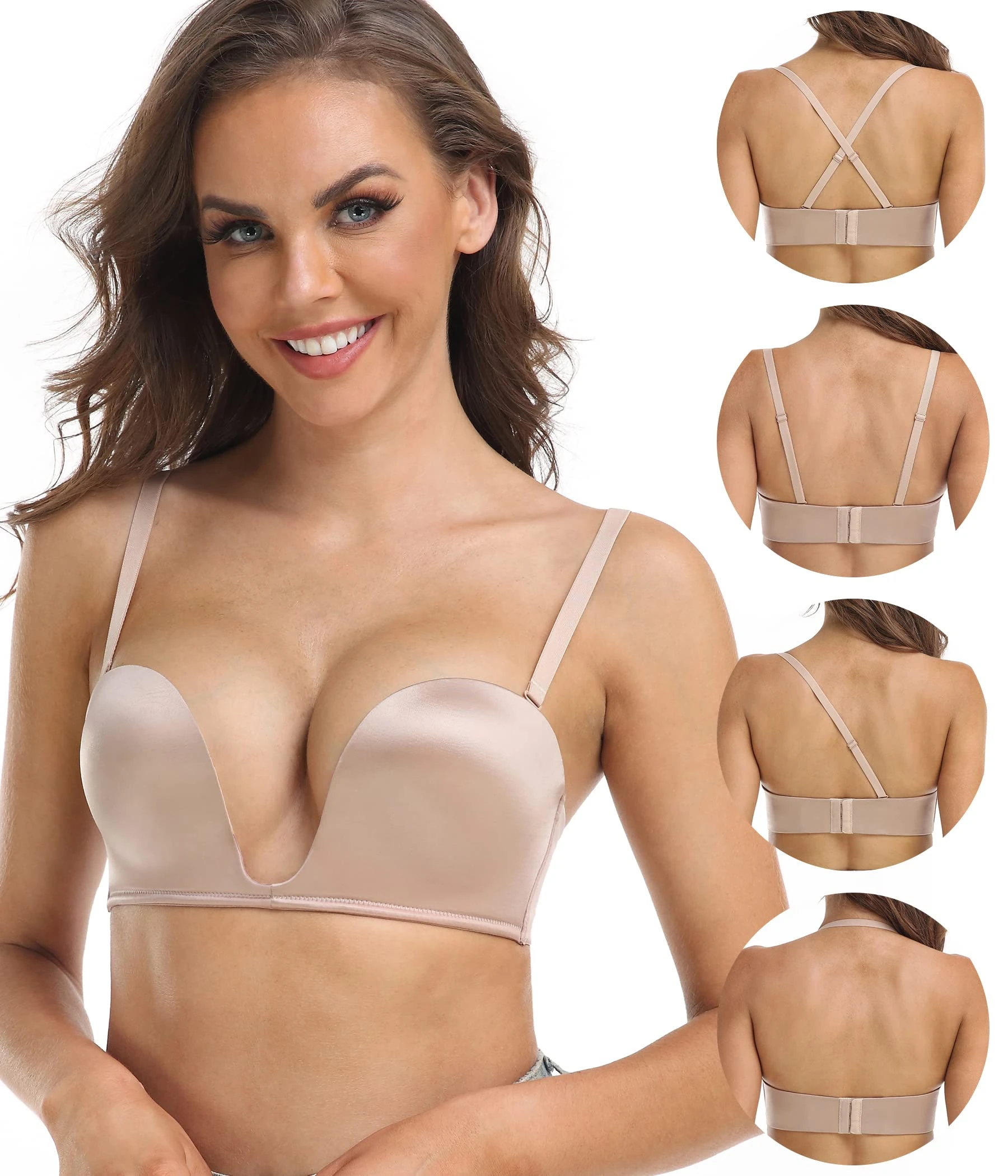 DotVol Push Up Convertible Strapless Bra for Women Underwire Deep U Plunge Padded Multiway Bra(Beige,40C)