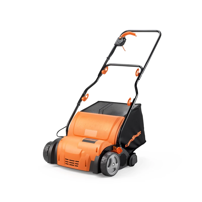 LawnMaster 1350W lawn scarifier, lawn rake, aerator. Electric scarifier with 33cm working width, interchangeable attachments, adjustable working depth and 40L collection bag, With 10m long cable.