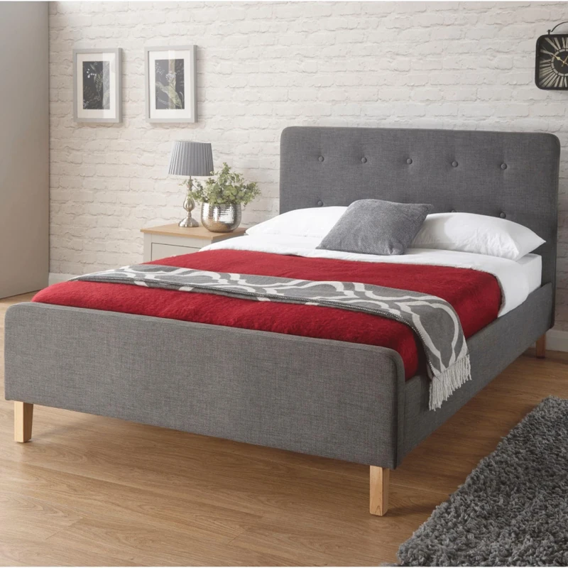Home Source Modern High Headboard, Buttoned Grey Fabric, Light Oak Effect Legs, King Size 5ft Bed Frame