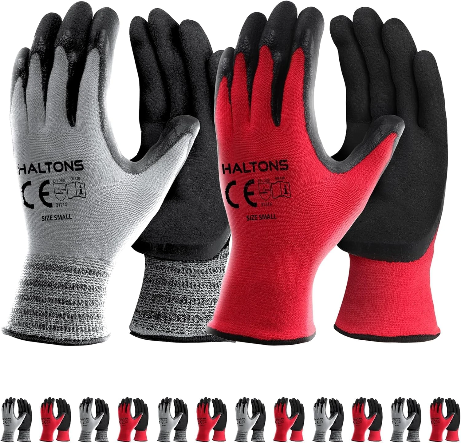 Haltons Latex & Polyester Work Gloves Men (12 Pack Medium), Durable Gardening Gloves for Women, Snug Fit & Non Slip, Ideal for DIY, Builder & Mechanic Work (Red/Grey)