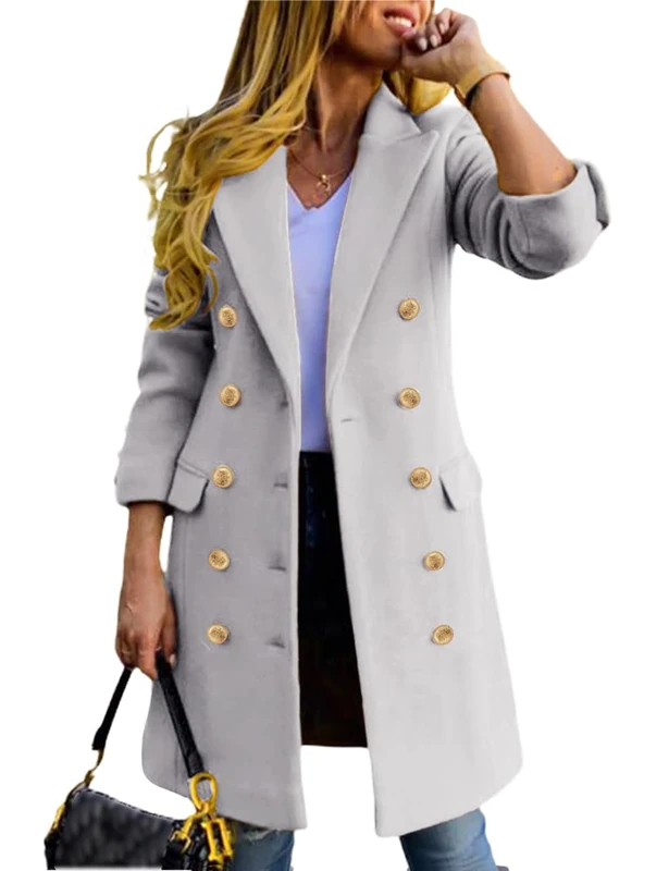 IDEALSANXUN Womens Fall Winter Wool Coats Double Breasted Midi Peacoat Trench Coats, Light Grey, XX-Large