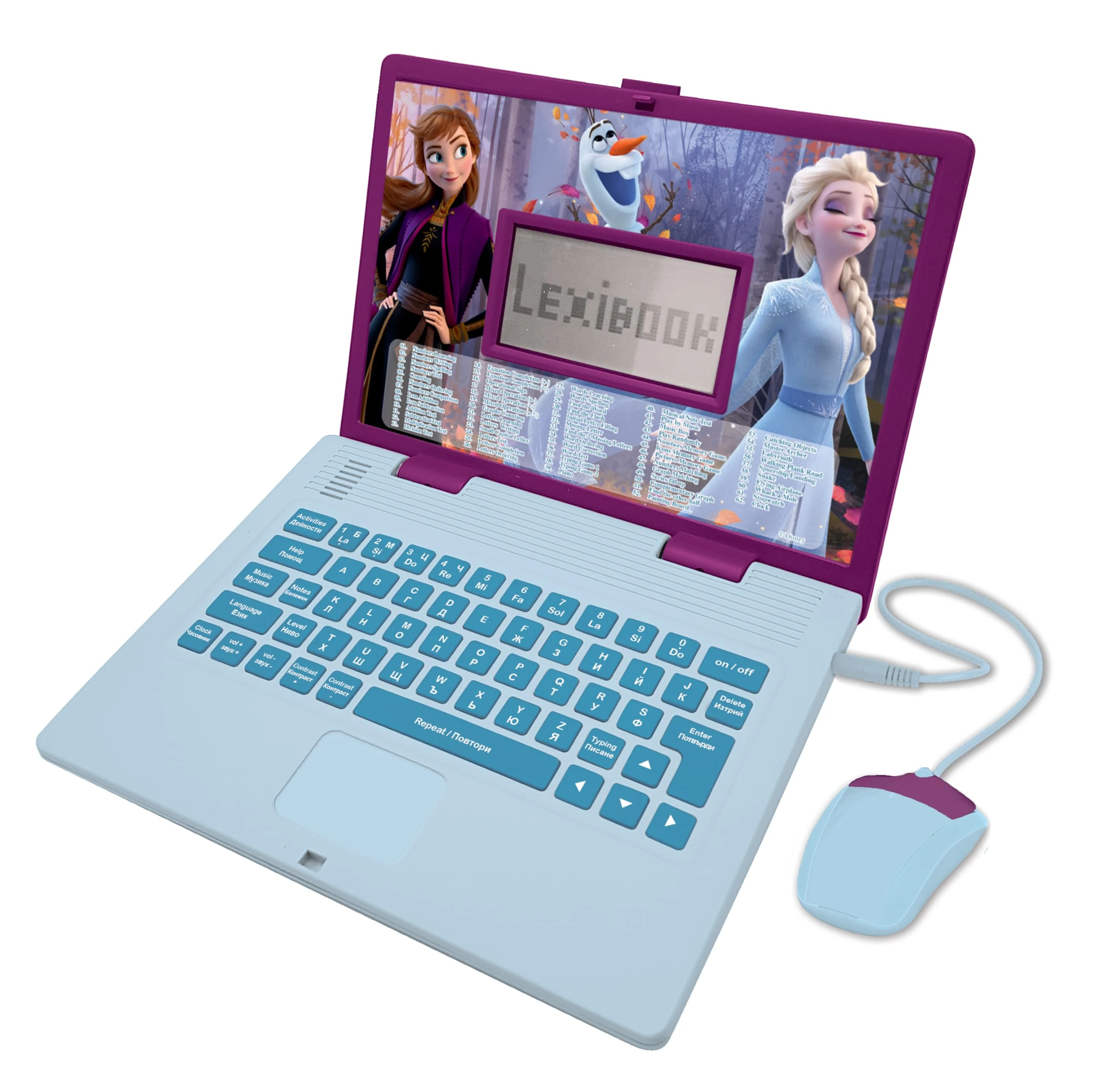 LEXIBOOK, Frozen, Bilingual Bulgarian/English educational computer, Toy for children with 124 language, writing, maths, logic, music activities and games, Blue/Purple, JC598FZi20