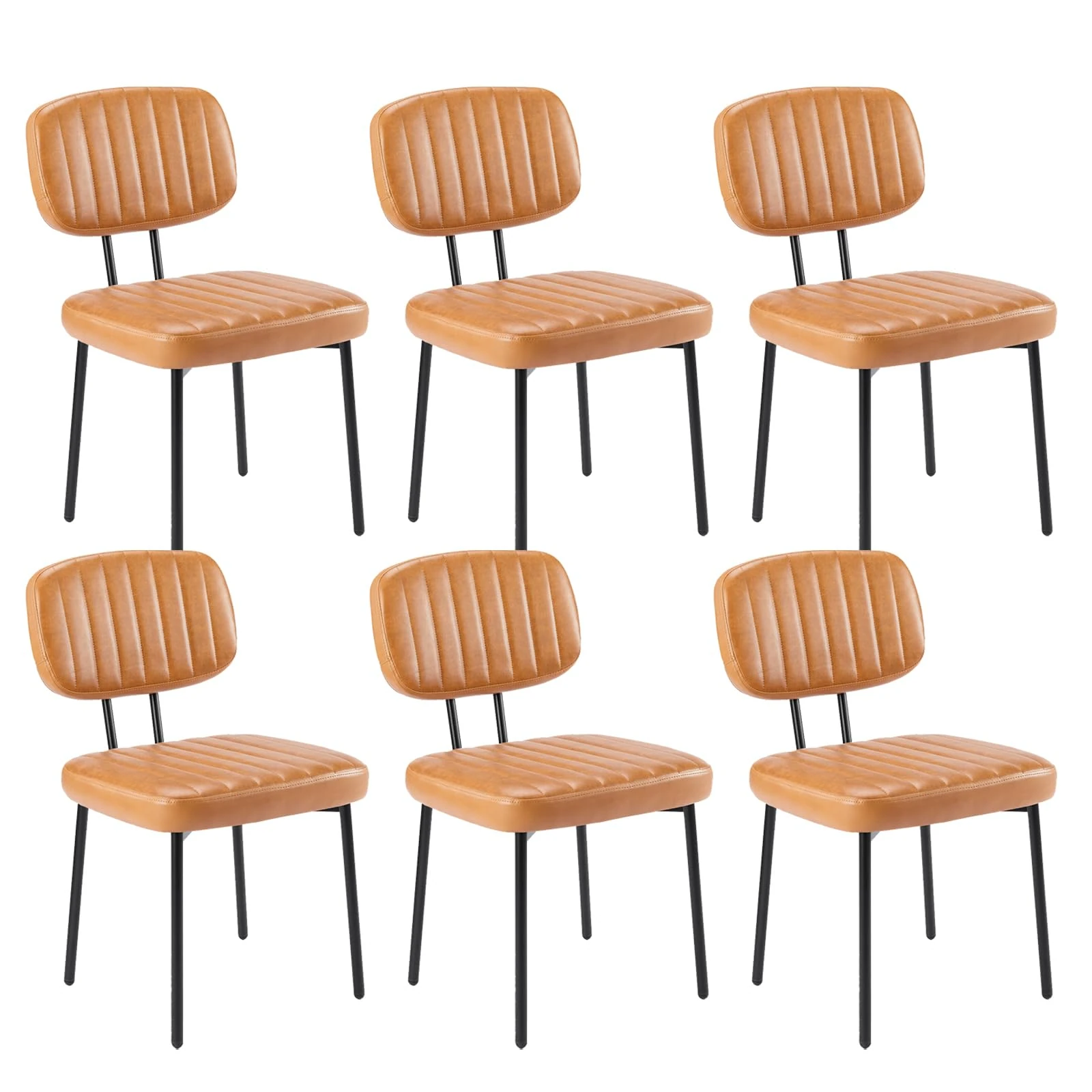 Sweetcrispy Dining Chairs Set of 6, Upholstered Mid Century Modern Kitchen Dining Room Accent Chairs with Faux Leather Cushion Seat & Metal Legs for Kitchen, Living Room - Brown