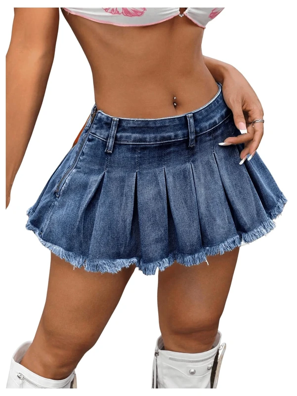 BEAUDRM Women's Y2K Low Waist Pleated Denim Skirt Zipper Raw Hem Mini Skirt Casual Ruffle Jean Skirt, Dark Wash, L