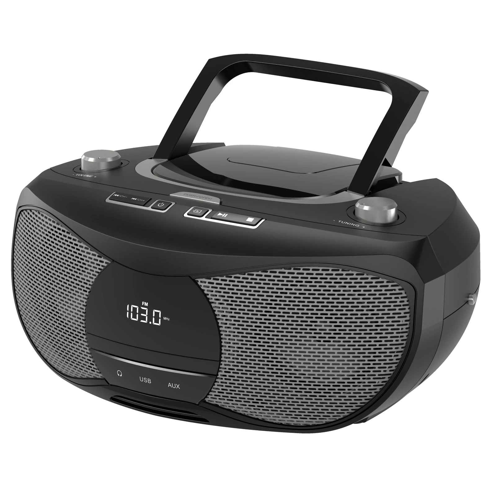 LONPOO Portable CD Player | Stereo Bluetooth Boombox | FM Radio Turn Knob | Auto Lid Open Button | Big LCD Display | Concealed Ports of USB/AUX/Earphone | Rear Power Protection Button (LP-D12)