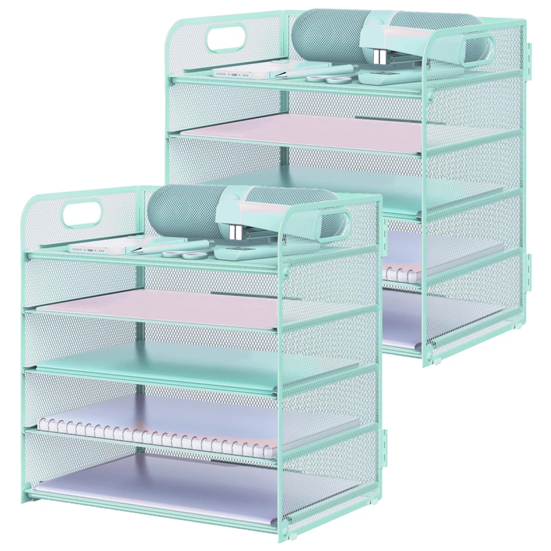 2 Pack Letter Tray Paper Organizer 5-Tier Desk Organizer File Organizer Paper Holder with Handle, Metal Desktop Document Shelf Tray Office Classroom Organization - Blue
