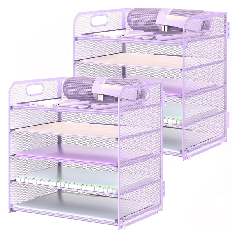 2 Pack Letter Tray Paper Organizer 5-Tier Desk Organizer File Organizer Paper Holder with Handle, Metal Desktop Document Shelf Tray Office Classroom Organization - Purple