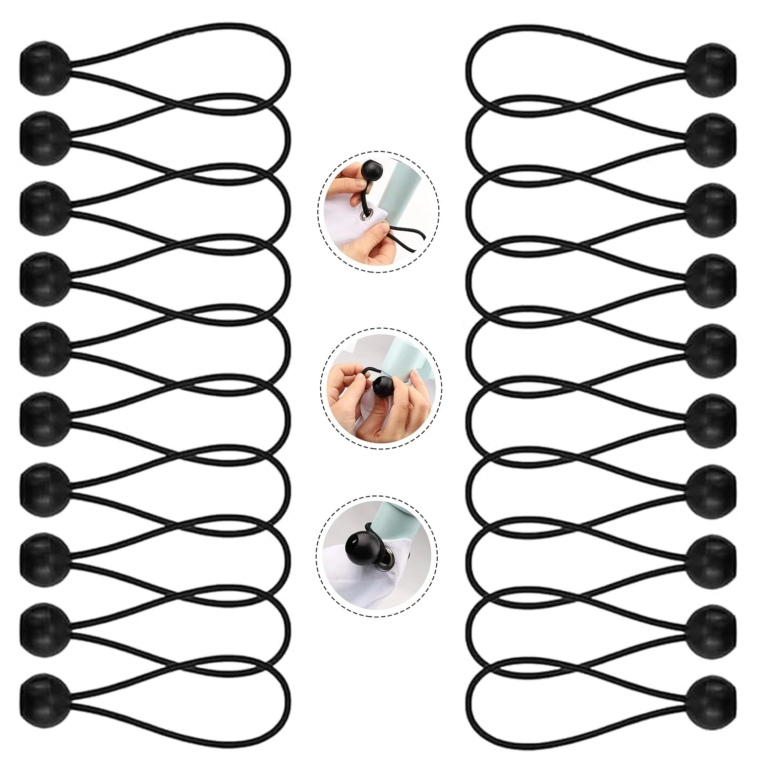 20 PCS Bungee Balls, Small Bungee Cords, Adjustable Tarpaulin Bungee Cords with Balls, Heavy Duty Tie-Down Elastic Cord for Tents, Flagpoles, Banners, Luggage (Black, 6 inches)