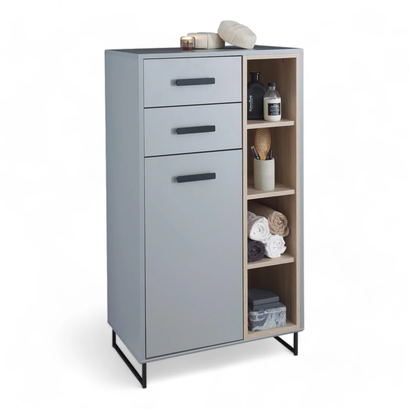 Stella Trading Tunis Bathroom Chest of Drawers in Grey/Oak Sonoma Look Bathroom Cabinet with Lots of Storage Space, Wood Material - Image 1