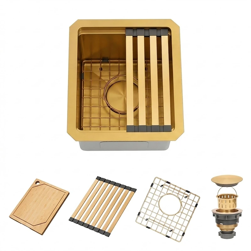 MONSINTA Gold Bar Sink 13 x 15 Inch, Gold Undermount Kitchen Sinks,16 Gauge SUS304 Stainless Steel All in One Workstation Sinks with Accessories,13" x 15" x 10" Small Kitchen Sink for Wet Bar and RV