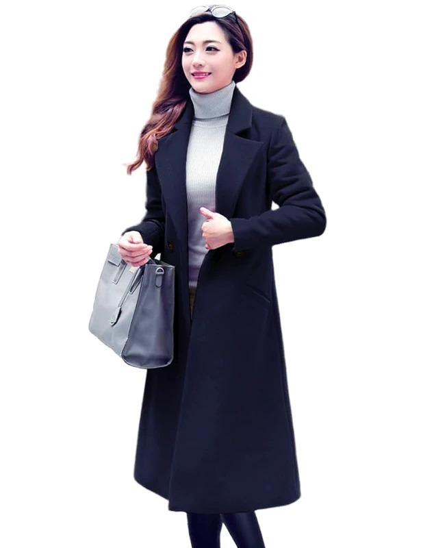 IDEALSANXUN Long Wool Coats for Women Fall Winter Coats Wool Jacket Peacoat, Navy, Large