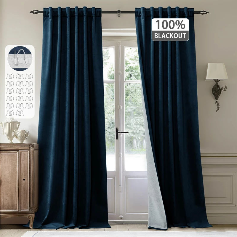 StangH Navy Blue Blackout Curtains 90 inches Luxury Velvet Thermal Insulated Window Drapes Liner Back Tab Hook Belt Heavy Thick Curtains for Living Room Bedroom, W52 x L90, 2 Panels