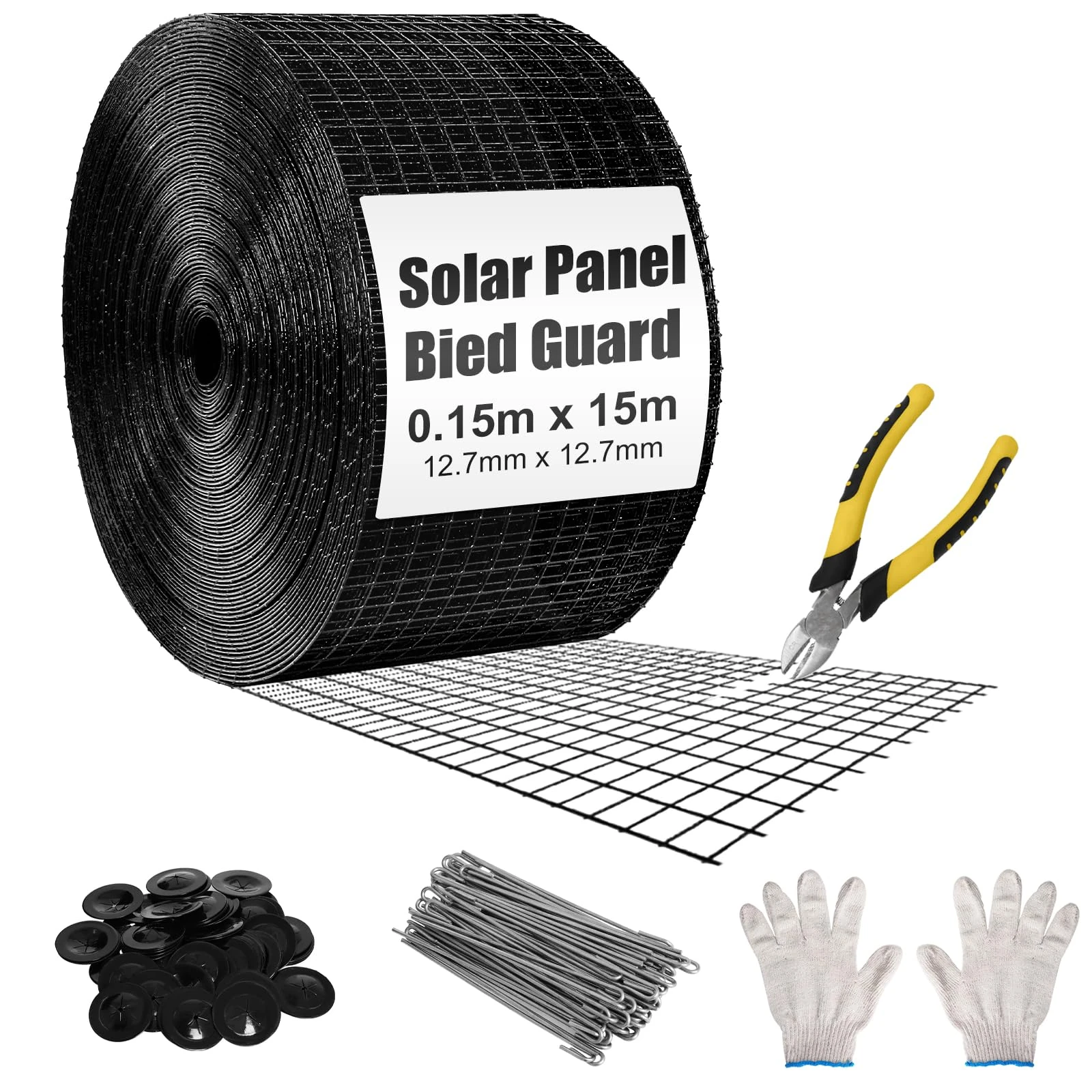 Gekufa Solar Panel Bird Mesh Kit 6in*50ft Bird Deterrent PVC Wire, Bird Guard for Solar Panel Proofing to Prevent Pigeons Nesting Under Roof with 70pcs Stainless Steel Fasteners, 6in Plier and Gloves