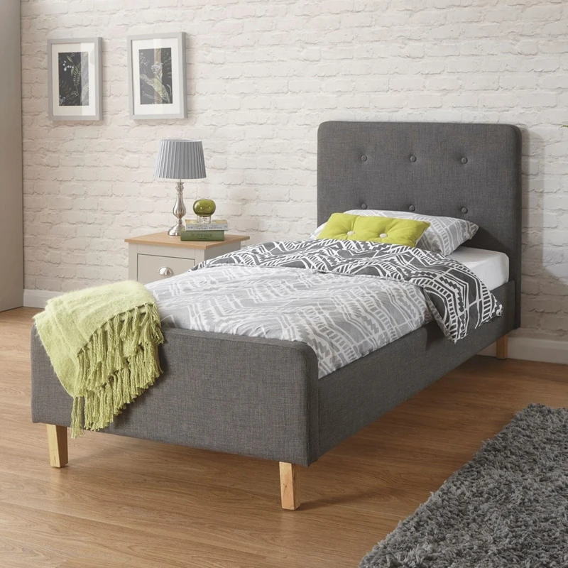 Home Source Modern High Headboard, Buttoned Grey Fabric, Light Oak Effect Legs, Single 3ft Bed Frame